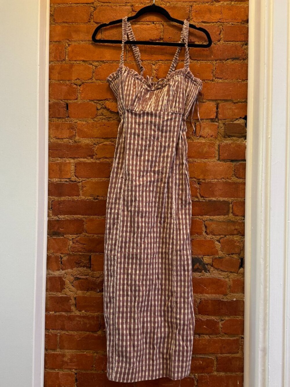 Free People Brown and Pink Gingham Checkered Midi Dress, Size XL, Lace Up Back